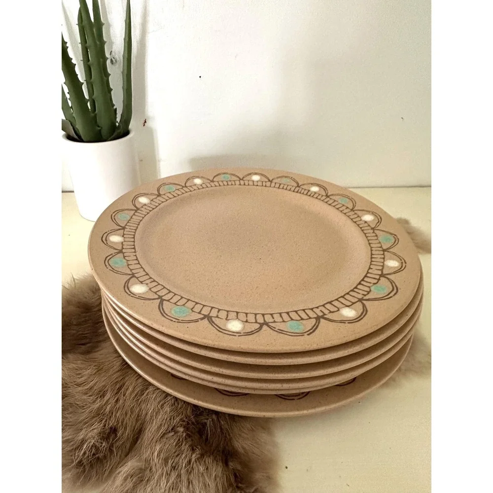 Six Painted Desert Metlox Dinner plate poppytrail Vernon tan‎ dots dinnerware